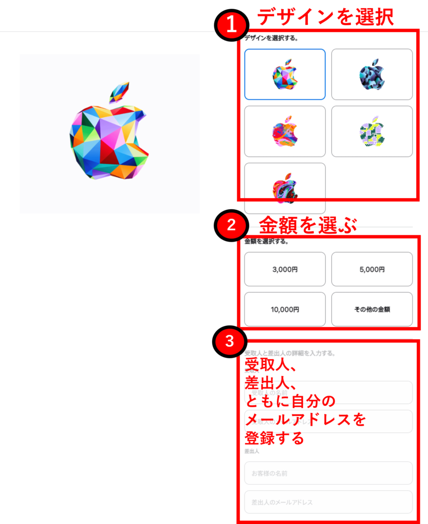 Appleギフトカードの購入方法（デザイン、金額、受取人・差出人のメールアドレス入力）