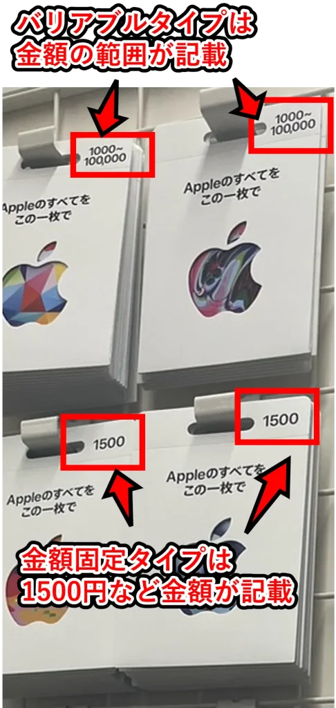 Appleギフトカードのバリアブルタイプは、1000円～10,000円の範囲で購入できる